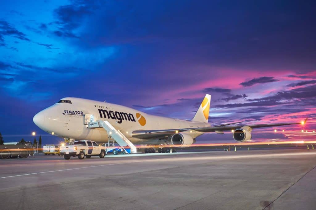 magma boeing 747 on GSP airport cargo ramp at sunset
